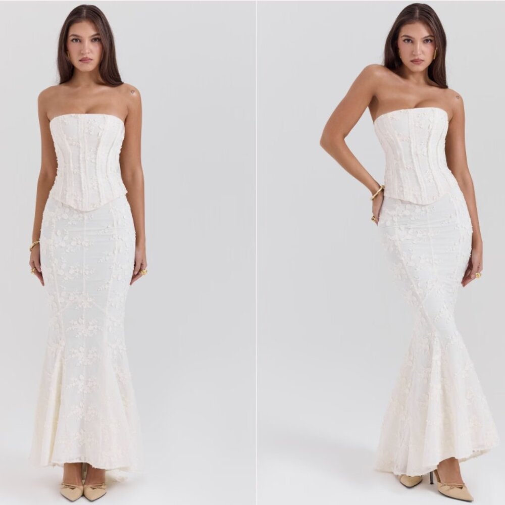 House of CB Veronica Vintage Ivory Embroidered Godet Maxi Skirt